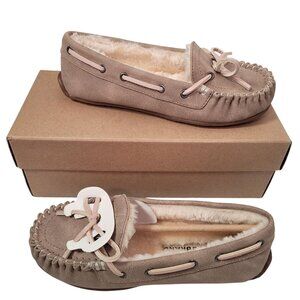 Lucky Brand Youth Girls Moccasin Slippers Size 1 Faux Fur Lined Taupe
